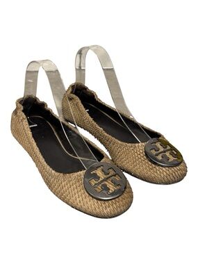 TORY BURCH Women’s Reva Python Snake-Textured Flats - Taupe, Sz 8.5